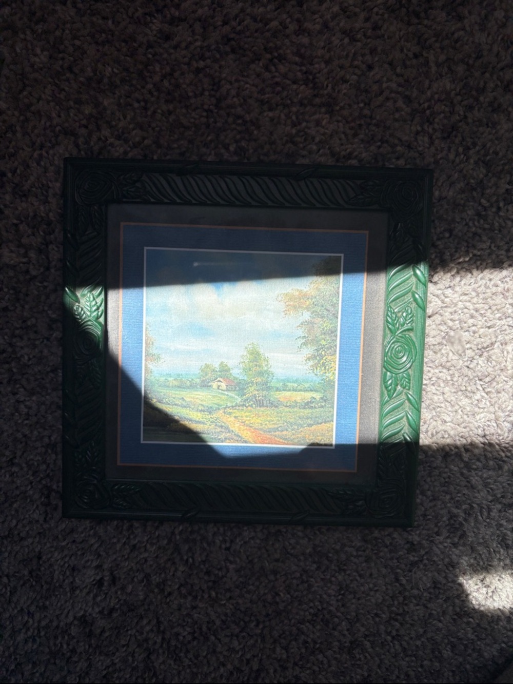 Vintage Green Carved Frame with Countryside Print